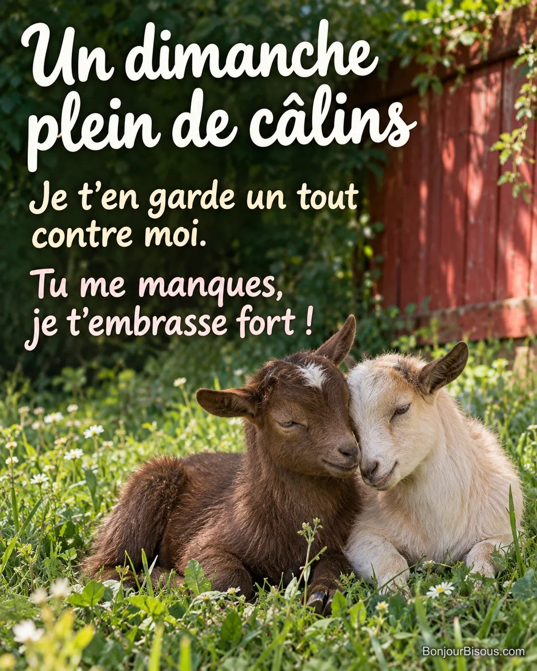 Deux jeunes chèvres naines, chocolat et crème, se frottent tendrement le front dans un pré poitevin, avec le texte « Un dimanche plein de câlins Je t’en garde un tout contre moi. Tu me manques, je t’embrasse fort ! ». Deux jeunes chèvres naines, chocolat et crème, se frottent tendrement le front dans un pré poitevin, avec le texte « Un dimanche plein de câlins Je t’en garde un tout contre moi. Tu me manques, je t’embrasse fort ! ».