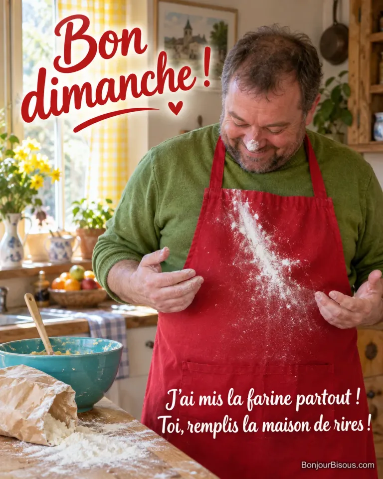 Un homme au tablier rouge rit en découvrant la farine répandue sur son nez et ses vêtements. Le message est : « Bon dimanche ! J’ai mis la farine partout ! Toi, remplis la maison de rires ! ».