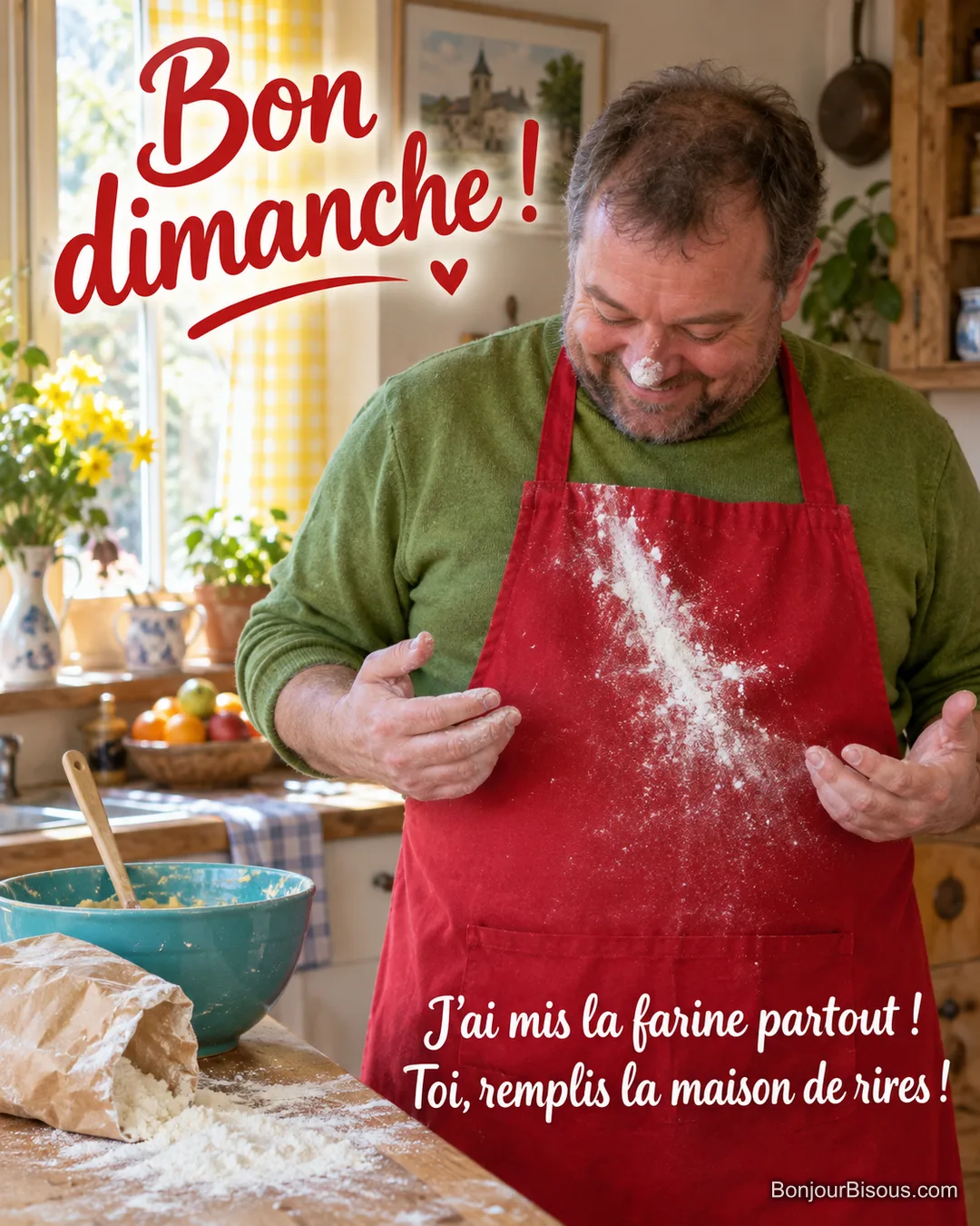 Un homme au tablier rouge rit en découvrant la farine répandue sur son nez et ses vêtements. Le message est : « Bon dimanche ! J’ai mis la farine partout ! Toi, remplis la maison de rires ! ».