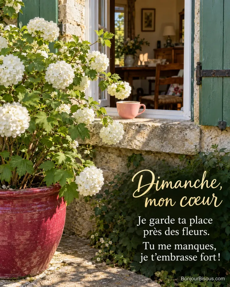 Une viorne boule-de-neige en fleurs encadre une fenêtre ouverte et une tasse gardée pour un proche. Le message est : « Dimanche, mon cœur Je garde ta place près des fleurs. Tu me manques, je t’embrasse fort ! ».