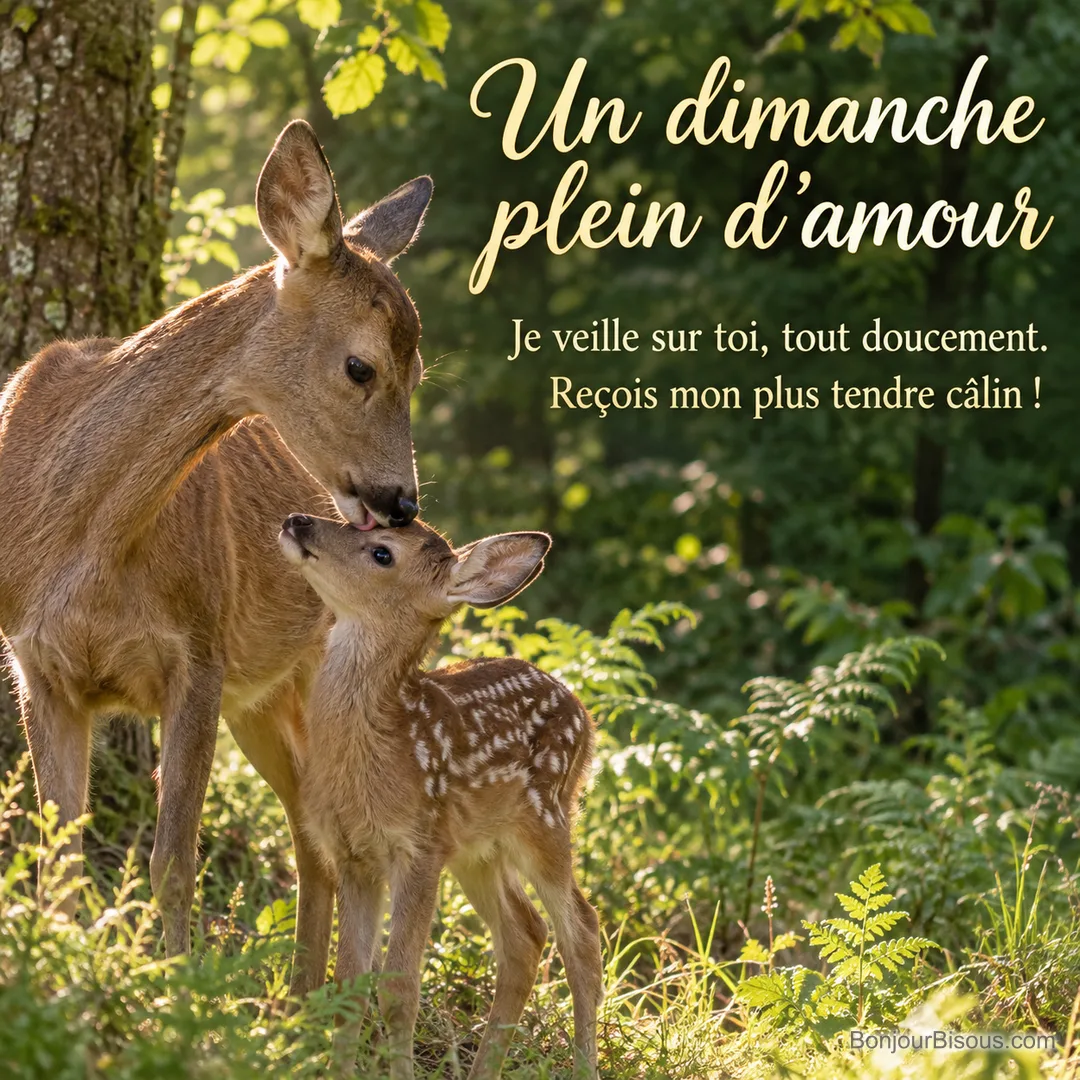 Une biche lèche doucement le front de son faon blotti contre elle, en lisière de forêt. Le message est : « Un dimanche plein d’amour Je veille sur toi, tout doucement. Reçois mon plus tendre câlin ! ». Une biche lèche doucement le front de son faon blotti contre elle, en lisière de forêt. Le message est : « Un dimanche plein d’amour Je veille sur toi, tout doucement. Reçois mon plus tendre câlin ! ».