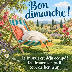 Une oie blanche dort de tout son long dans un transat rayé turquoise au jardin. Le message est : « Bon dimanche ! Le transat est déjà occupé ! Toi, trouve ton petit coin de bonheur ! ».