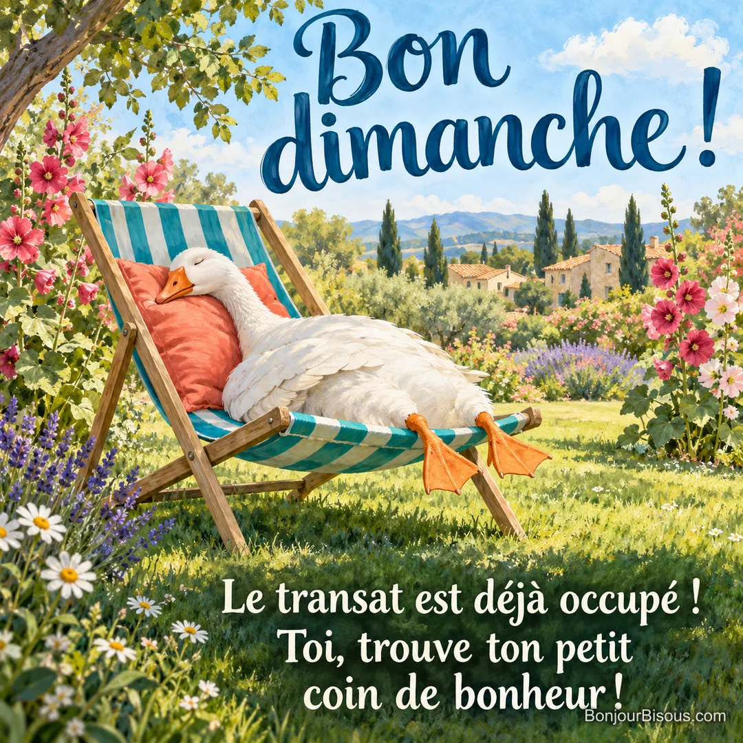 Une oie blanche dort de tout son long dans un transat rayé turquoise au jardin. Le message est : « Bon dimanche ! Le transat est déjà occupé ! Toi, trouve ton petit coin de bonheur ! ».