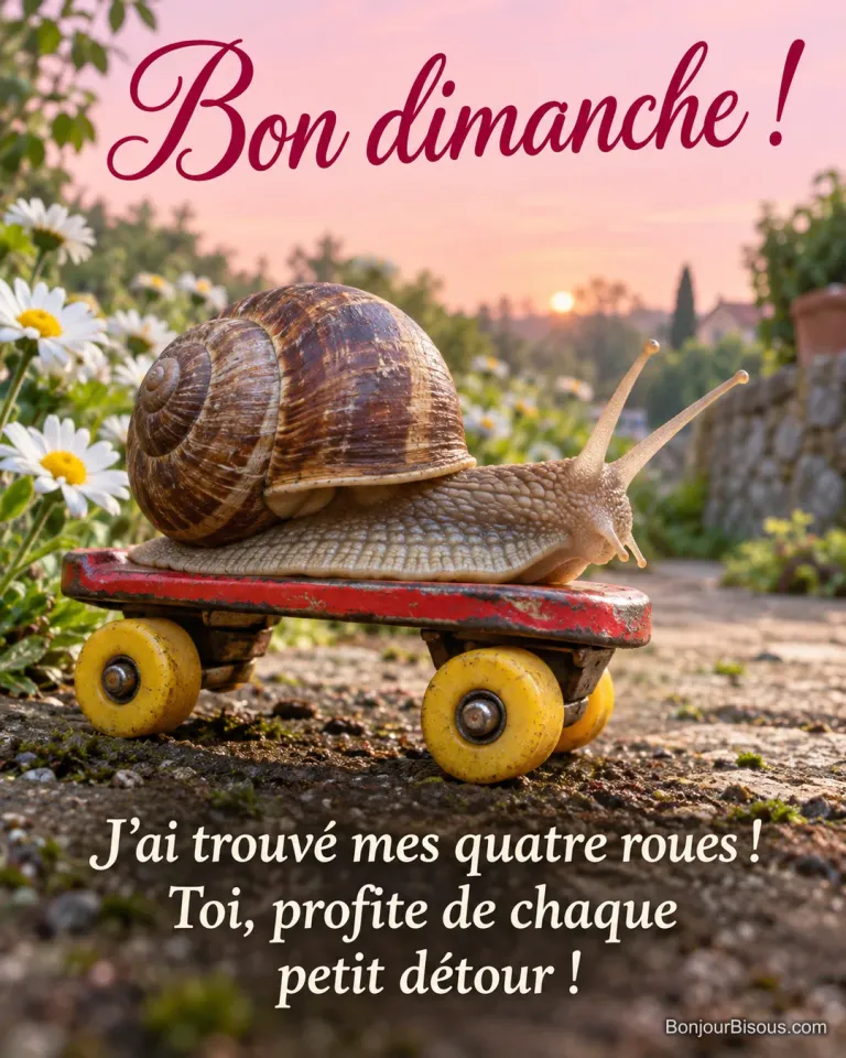 Un escargot de Bourgogne s’est installé sur un petit patin à quatre roulettes rouge. Le message est : « Bon dimanche ! J’ai trouvé mes quatre roues ! Toi, profite de chaque petit détour ! ».