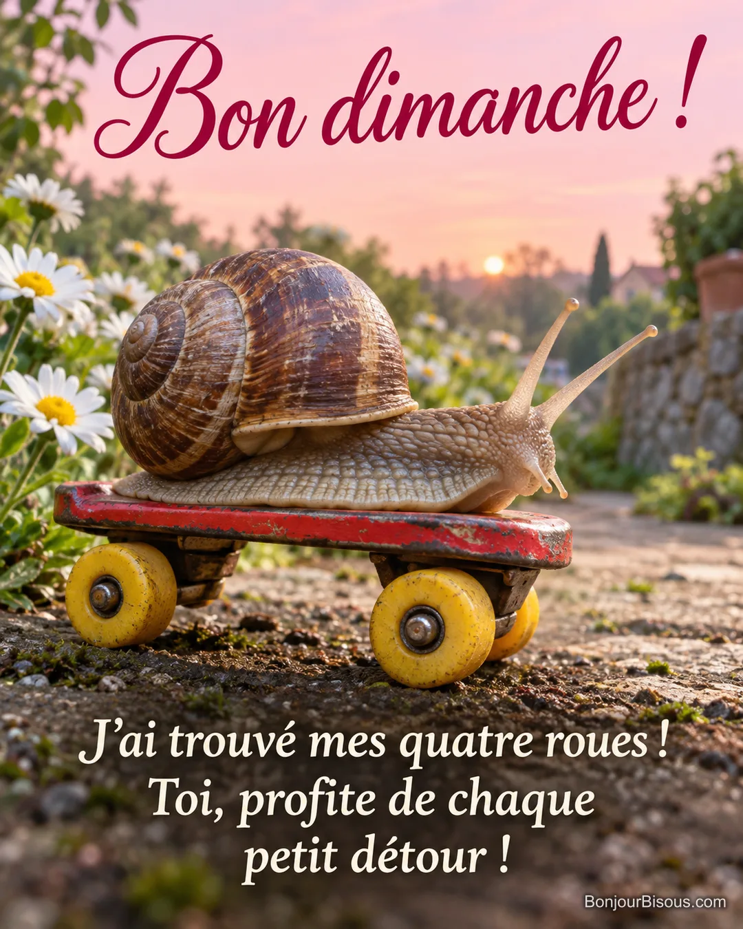 Un escargot de Bourgogne s’est installé sur un petit patin à quatre roulettes rouge. Le message est : « Bon dimanche ! J’ai trouvé mes quatre roues ! Toi, profite de chaque petit détour ! ».