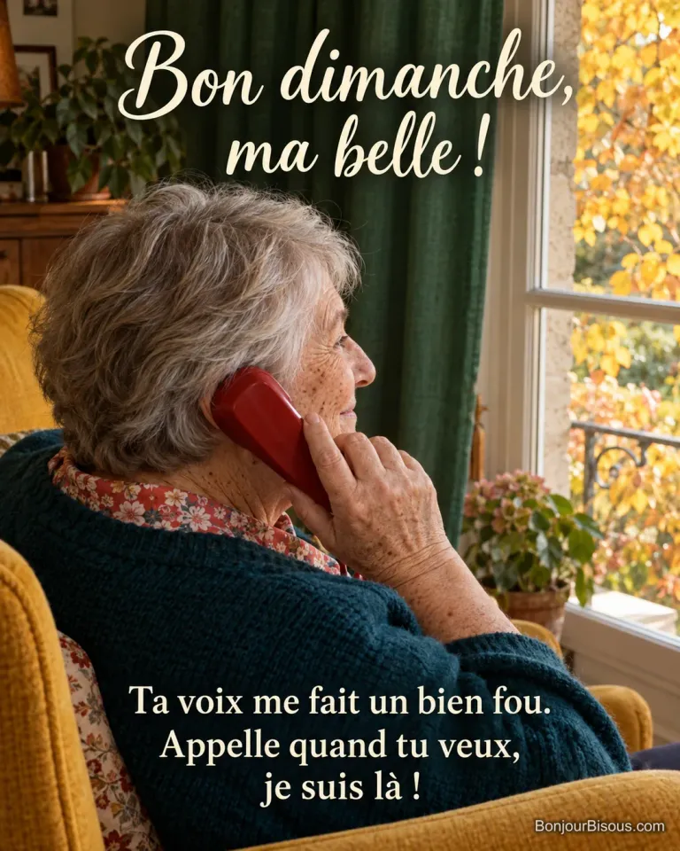 Une femme âgée écoute avec un sourire doux un appel amical sur son téléphone rouge. Le message est : « Bon dimanche, ma belle ! Ta voix me fait un bien fou. Appelle quand tu veux, je suis là ! ».