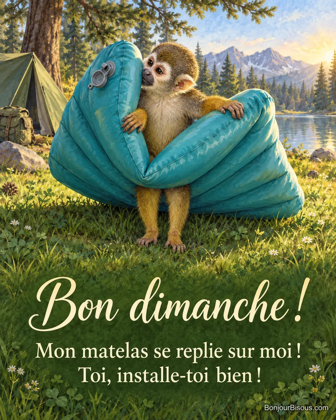 Un petit saïmiri est assis au centre d’un matelas gonflable turquoise qui se replie autour de lui. Le message est : « Bon dimanche ! Mon matelas se replie sur moi ! Toi, installe-toi bien ! ».