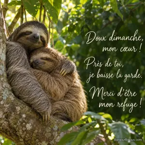 Deux paresseux distincts dorment blottis dans une fourche d’arbre, le plus grand entourant l’autre d’un bras. Le message est : « Doux dimanche, mon cœur ! Près de toi, je baisse la garde. Merci d’être mon refuge ! ».