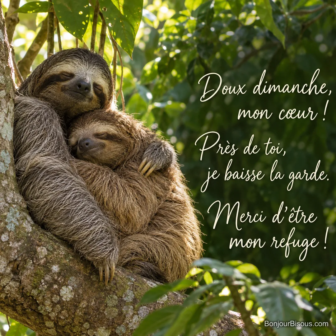 Deux paresseux distincts dorment blottis dans une fourche d’arbre, le plus grand entourant l’autre d’un bras. Le message est : « Doux dimanche, mon cœur ! Près de toi, je baisse la garde. Merci d’être mon refuge ! ».
