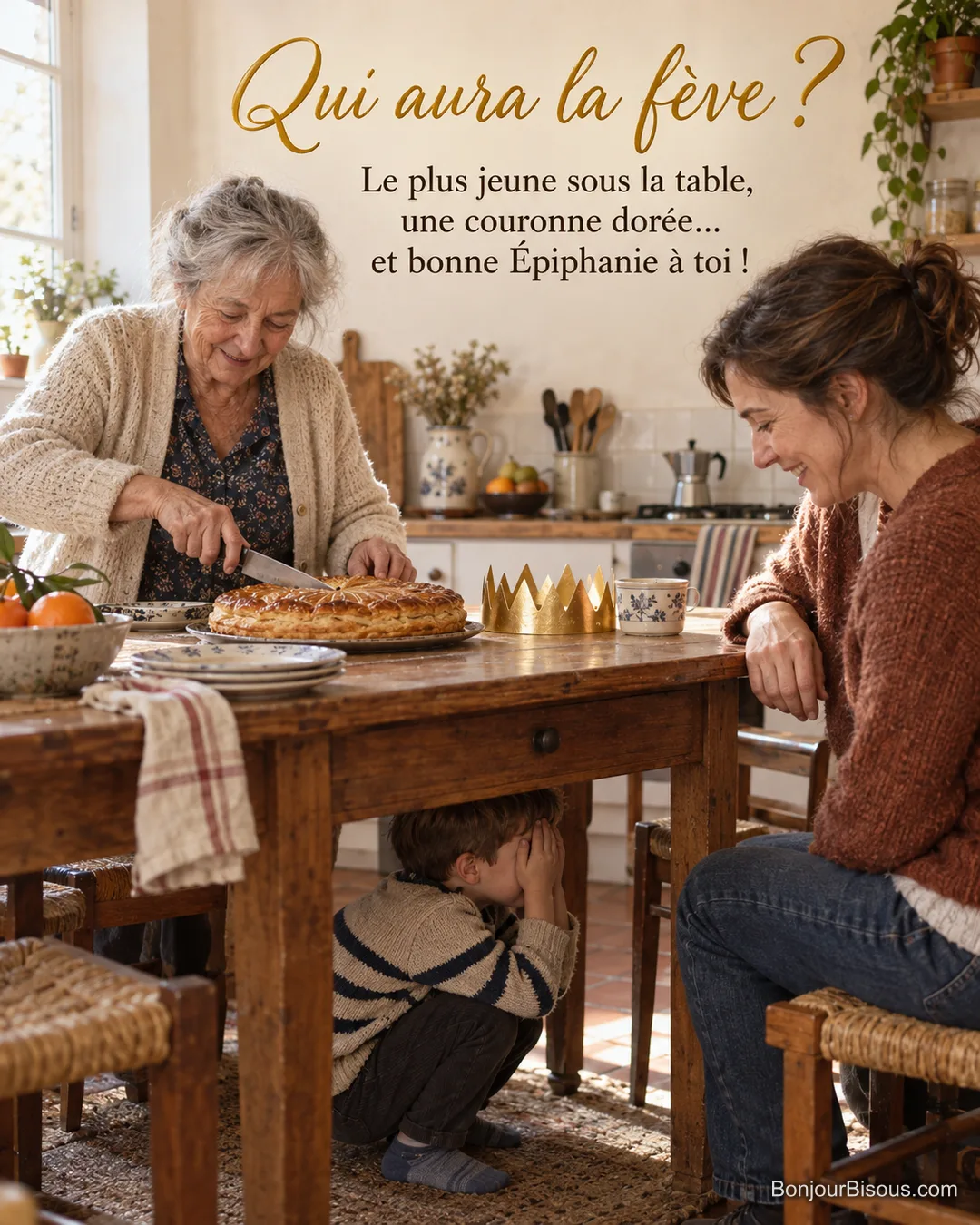 Photo d’une grand-mère qui coupe une galette des rois dans une cuisine, un petit garçon accroupi sous la table les mains sur les yeux et une femme qui le regarde en souriant, avec le texte « Qui aura la fève ? Le plus jeune sous la table, une couronne dorée… et bonne Épiphanie à toi ! » Photo d’une grand-mère qui coupe une galette des rois dans une cuisine, un petit garçon accroupi sous la table les mains sur les yeux et une femme qui le regarde en souriant, avec le texte « Qui aura la fève ? Le plus jeune sous la table, une couronne dorée… et bonne Épiphanie à toi ! »