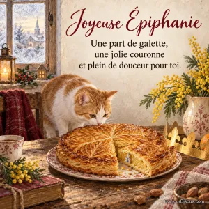 Peinture d’un chat roux et blanc qui sent une galette des rois coupée laissant voir la fève, avec une couronne dorée, du mimosa et une fenêtre givrée, avec le texte « Joyeuse Épiphanie – Une part de galette, une jolie couronne et plein de douceur pour toi. »