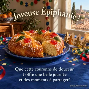 Une brioche des rois aux fruits confits et sa couronne dorée illuminent une table de fête provençale, avec le texte « Joyeuse Épiphanie ! Que cette couronne de douceur t’offre une belle journée et des moments à partager ! ».