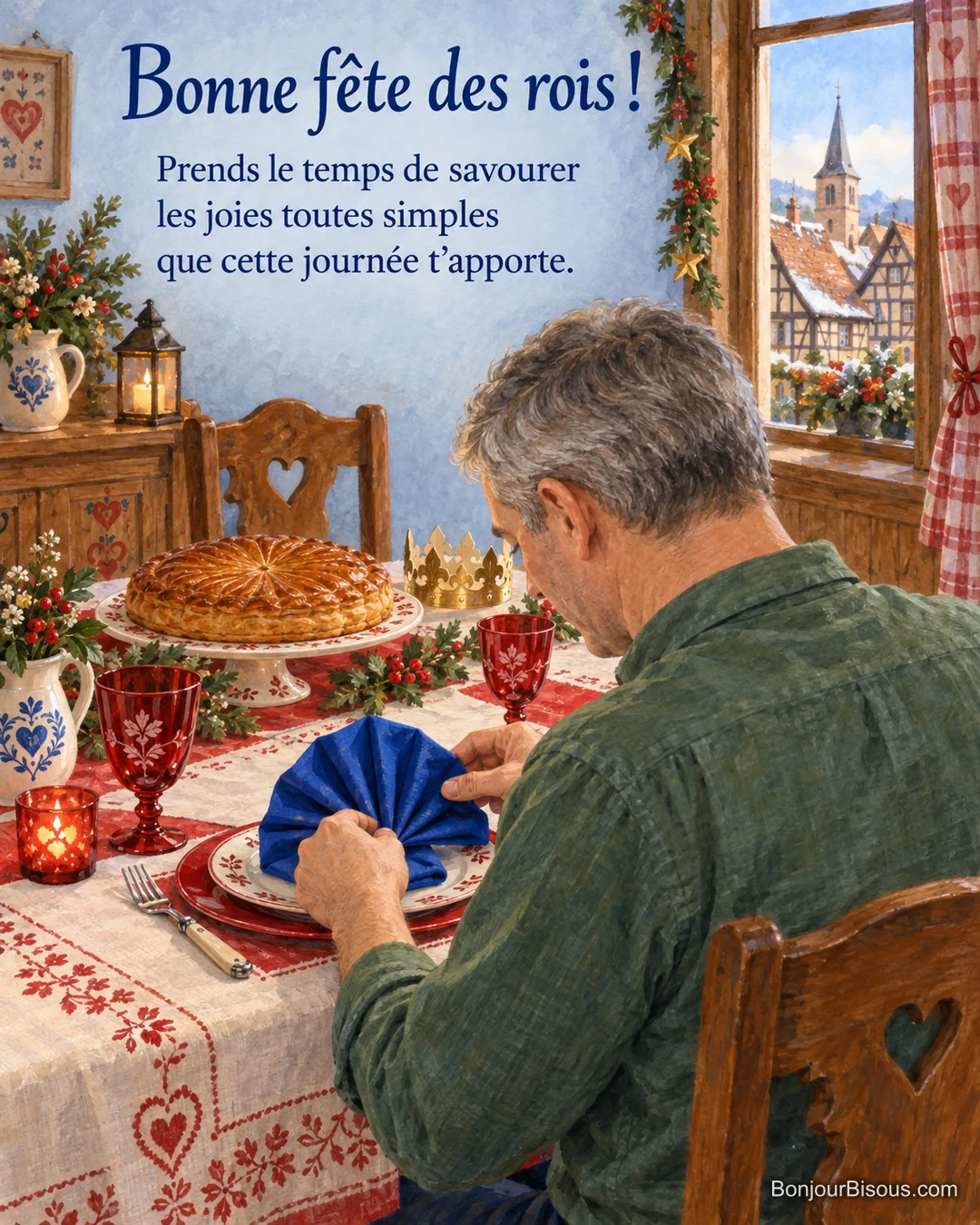 Un homme plie une serviette bleue en éventail sur une table festive de l’Épiphanie, avec le texte « Bonne fête des rois ! Prends le temps de savourer les joies toutes simples que cette journée t’apporte. ». Un homme plie une serviette bleue en éventail sur une table festive de l’Épiphanie, avec le texte « Bonne fête des rois ! Prends le temps de savourer les joies toutes simples que cette journée t’apporte. ».