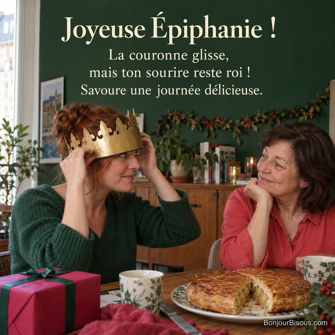 Une femme ajuste une couronne dorée trop grande sous le regard amusé de son amie, près d’une galette des rois, avec le texte « Joyeuse Épiphanie ! La couronne glisse, mais ton sourire reste roi ! Savoure une journée délicieuse. ». Une femme ajuste une couronne dorée trop grande sous le regard amusé de son amie, près d’une galette des rois, avec le texte « Joyeuse Épiphanie ! La couronne glisse, mais ton sourire reste roi ! Savoure une journée délicieuse. ».