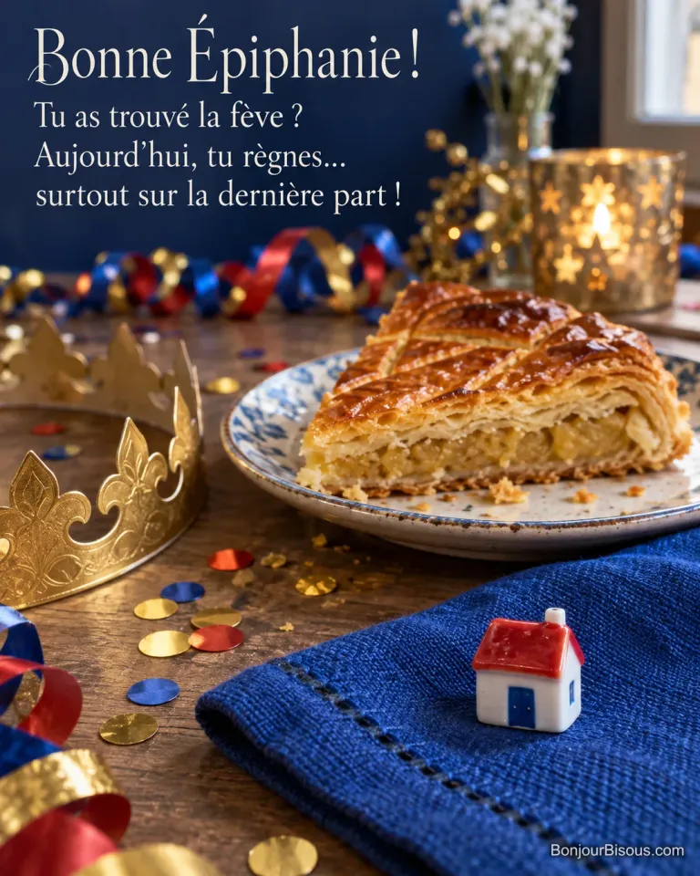 Une fève en porcelaine en forme de maison accompagne une part de galette et des couronnes dorées sur une table de fête, avec le texte « Bonne Épiphanie ! Tu as trouvé la fève ? Aujourd’hui, tu règnes… surtout sur la dernière part ! ».