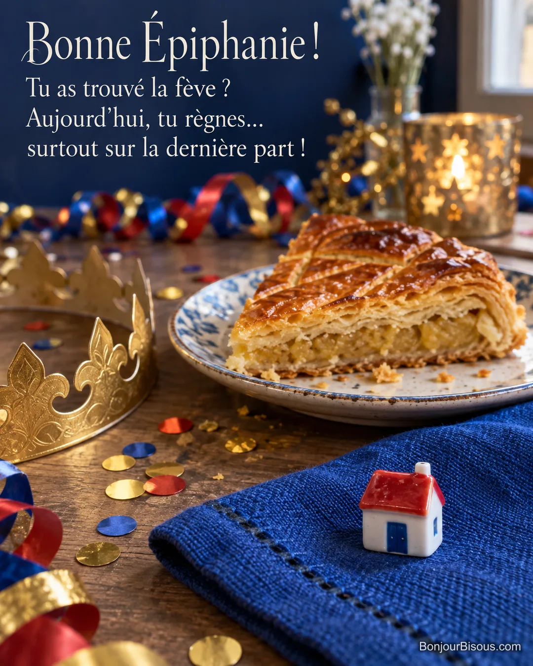 Une fève en porcelaine en forme de maison accompagne une part de galette et des couronnes dorées sur une table de fête, avec le texte « Bonne Épiphanie ! Tu as trouvé la fève ? Aujourd’hui, tu règnes… surtout sur la dernière part ! ». Une fève en porcelaine en forme de maison accompagne une part de galette et des couronnes dorées sur une table de fête, avec le texte « Bonne Épiphanie ! Tu as trouvé la fève ? Aujourd’hui, tu règnes… surtout sur la dernière part ! ».
