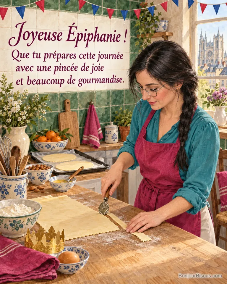 Une pâtissière amateur découpe une bordure de pâte avec une roulette dans une cuisine décorée pour l’Épiphanie, avec le texte « Joyeuse Épiphanie ! Que tu prépares cette journée avec une pincée de joie et beaucoup de gourmandise. ».