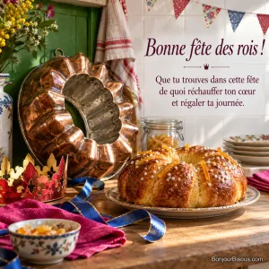 Un moule cuivré en forme de couronne accompagne une brioche et des décorations colorées de l’Épiphanie, avec le texte « Bonne fête des rois ! Que tu trouves dans cette fête de quoi réchauffer ton cœur et régaler ta journée. ».