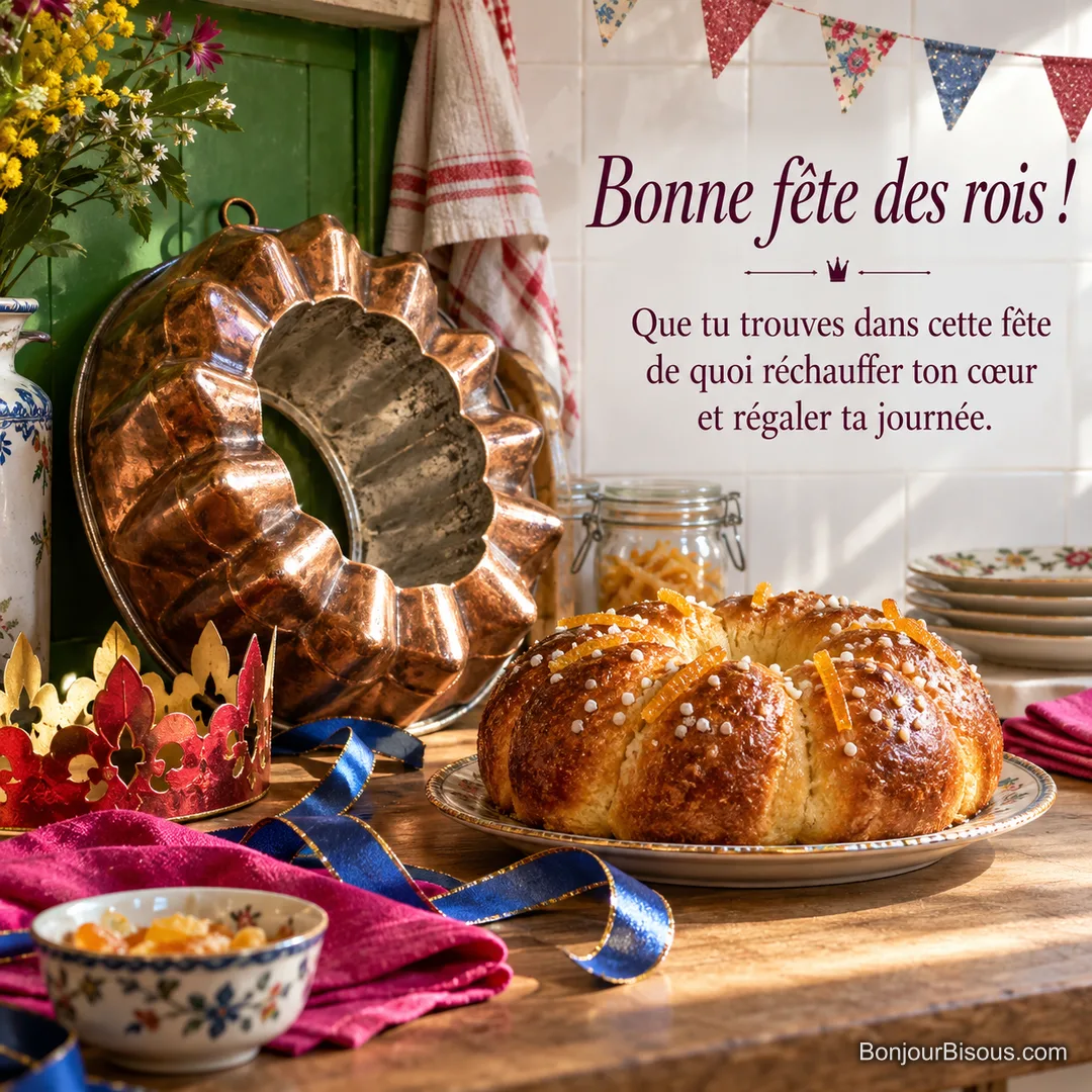 Un moule cuivré en forme de couronne accompagne une brioche et des décorations colorées de l’Épiphanie, avec le texte « Bonne fête des rois ! Que tu trouves dans cette fête de quoi réchauffer ton cœur et régaler ta journée. ». Un moule cuivré en forme de couronne accompagne une brioche et des décorations colorées de l’Épiphanie, avec le texte « Bonne fête des rois ! Que tu trouves dans cette fête de quoi réchauffer ton cœur et régaler ta journée. ».