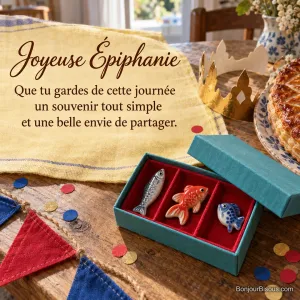 Un coffret turquoise présente trois fèves de porcelaine en forme de poissons dans un décor de fête des rois, avec le texte « Joyeuse Épiphanie Que tu gardes de cette journée un souvenir tout simple et une belle envie de partager. ».