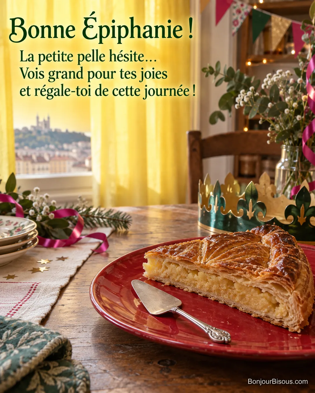 Une minuscule pelle à mignardises semble bien petite devant une généreuse part de galette dans un décor de fête, avec le texte « Bonne Épiphanie ! La petite pelle hésite… Vois grand pour tes joies et régale-toi de cette journée ! ». Une minuscule pelle à mignardises semble bien petite devant une généreuse part de galette dans un décor de fête, avec le texte « Bonne Épiphanie ! La petite pelle hésite… Vois grand pour tes joies et régale-toi de cette journée ! ».