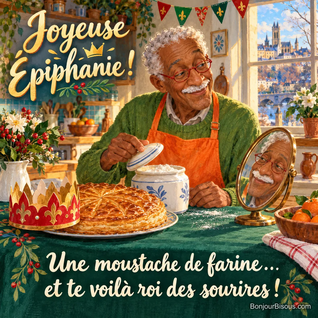Un pâtissier amateur découvre sa moustache de farine près de la galette et de sa couronne, avec le message « Joyeuse Épiphanie ! Une moustache de farine… et te voilà roi des sourires ! ». Un pâtissier amateur découvre sa moustache de farine près de la galette et de sa couronne, avec le message « Joyeuse Épiphanie ! Une moustache de farine… et te voilà roi des sourires ! ».