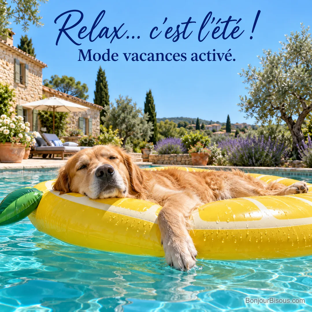 Photo d’un golden retriever endormi sur une bouée en forme de citron dans une piscine bordée d’oliviers et de lavande, devant un mas en pierre, avec le texte « Relax… c’est l’été ! Mode vacances activé. » Photo d’un golden retriever endormi sur une bouée en forme de citron dans une piscine bordée d’oliviers et de lavande, devant un mas en pierre, avec le texte « Relax… c’est l’été ! Mode vacances activé. »