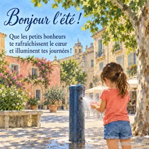 Une enfant joue avec la brume d’un brumisateur sur une place ensoleillée de Montpellier, avec le texte « Bonjour l’été ! Que les petits bonheurs te rafraîchissent le cœur et illuminent tes journées ! ».