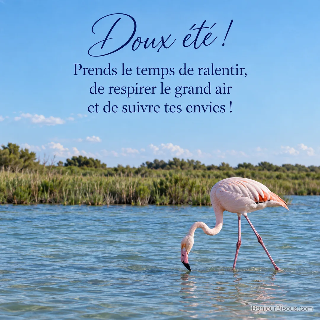 Un flamant rose avance dans l’eau turquoise d’une lagune camarguaise en été, avec le texte « Doux été ! Prends le temps de ralentir, de respirer le grand air et de suivre tes envies ! ». Un flamant rose avance dans l’eau turquoise d’une lagune camarguaise en été, avec le texte « Doux été ! Prends le temps de ralentir, de respirer le grand air et de suivre tes envies ! ».