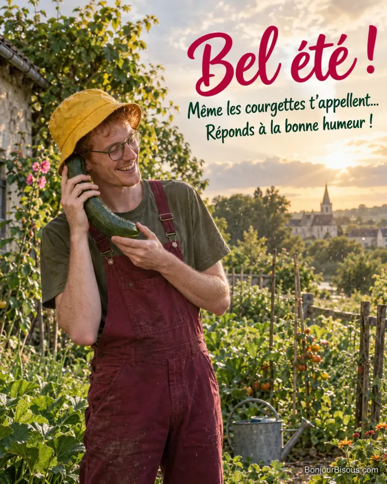 Un jardinier roux tient une courgette recourbée comme un téléphone dans son potager sous une averse d’été, avec le texte « Bel été ! Même les courgettes t’appellent… Réponds à la bonne humeur ! ».