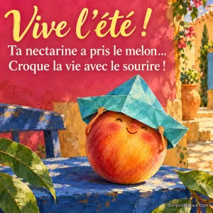 Une nectarine souriante redresse un chapeau de papier turquoise trop grand dans une cour ensoleillée, avec le texte « Vive l’été ! Ta nectarine a pris le melon… Croque la vie avec le sourire ! ».