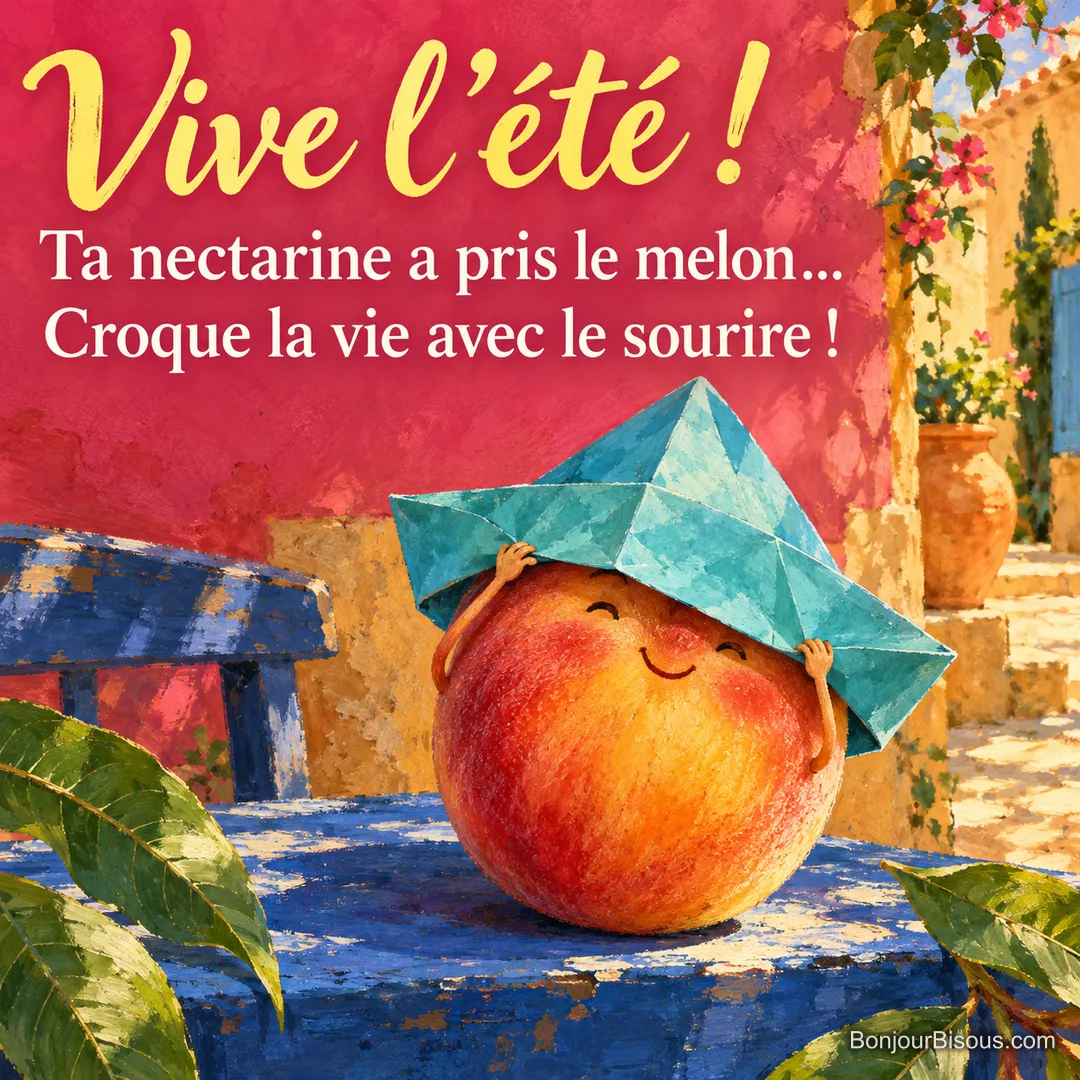 Une nectarine souriante redresse un chapeau de papier turquoise trop grand dans une cour ensoleillée, avec le texte « Vive l’été ! Ta nectarine a pris le melon… Croque la vie avec le sourire ! ». Une nectarine souriante redresse un chapeau de papier turquoise trop grand dans une cour ensoleillée, avec le texte « Vive l’été ! Ta nectarine a pris le melon… Croque la vie avec le sourire ! ».