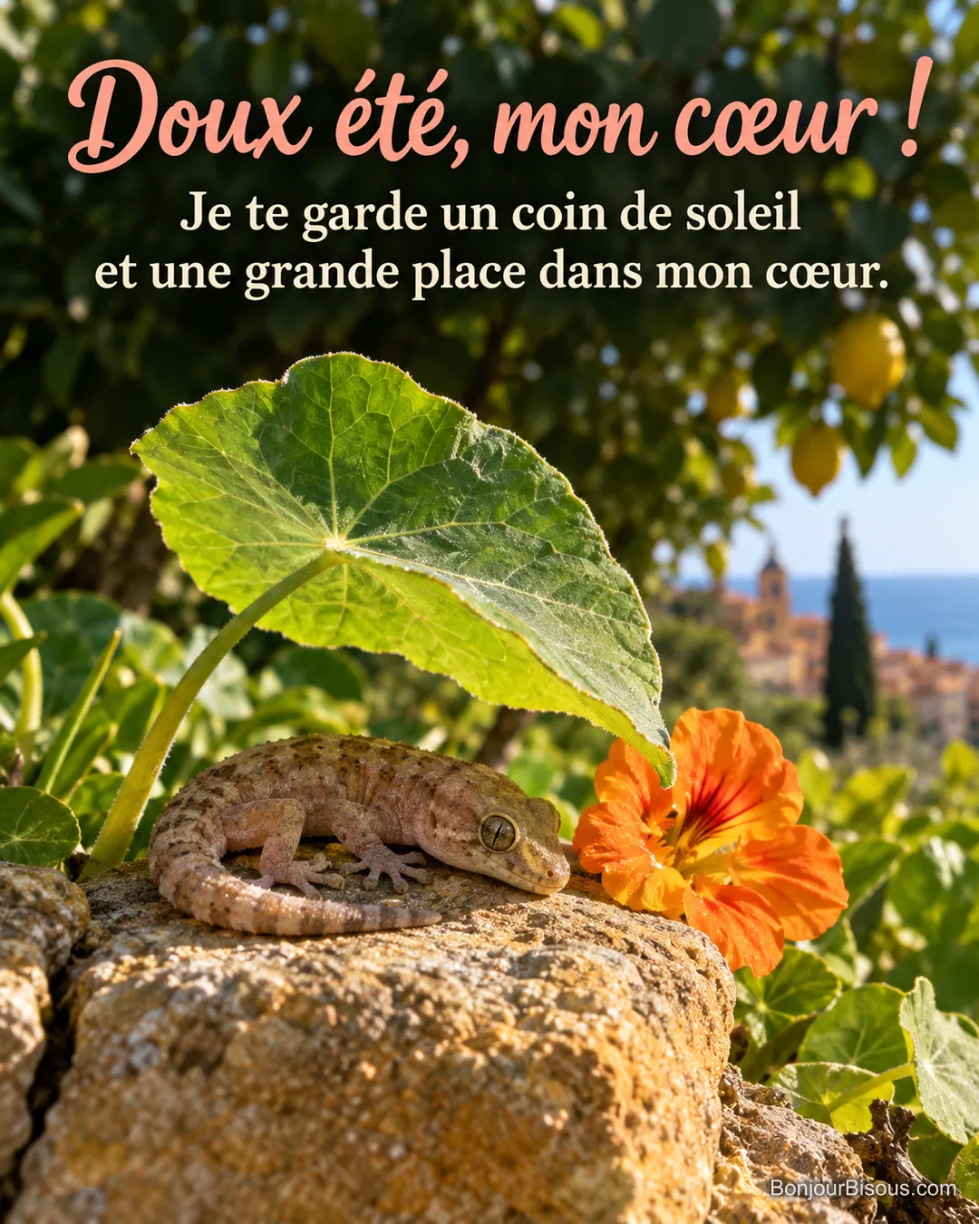 Un petit gecko se repose sur une pierre dorée à l’ombre d’une feuille de capucine, avec le texte « Doux été, mon cœur ! Je te garde un coin de soleil et une grande place dans mon cœur. ». Un petit gecko se repose sur une pierre dorée à l’ombre d’une feuille de capucine, avec le texte « Doux été, mon cœur ! Je te garde un coin de soleil et une grande place dans mon cœur. ».