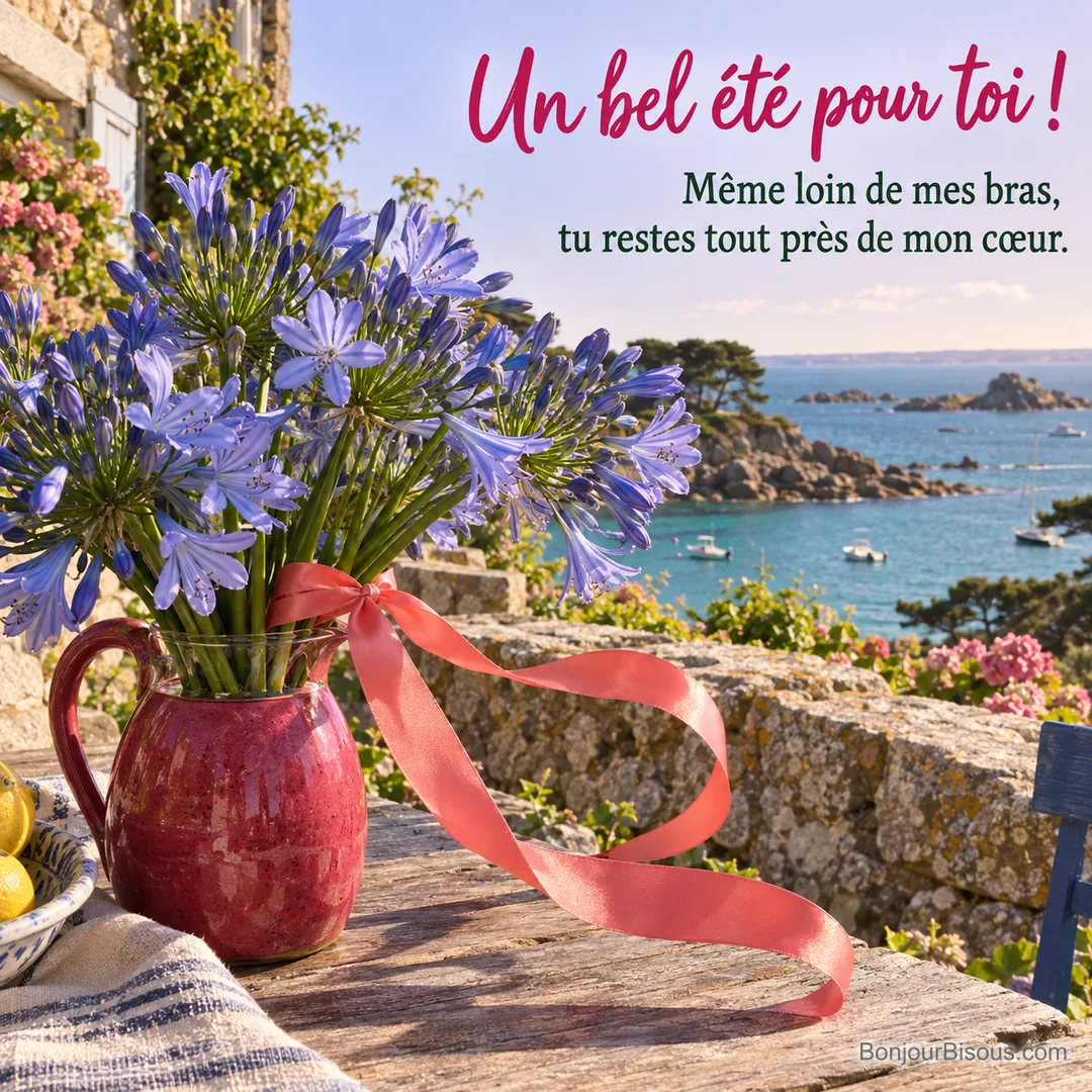 Un bouquet d’agapanthes bleues noué d’un ruban corail se dresse dans une cruche rose près de la mer, avec le texte « Un bel été pour toi ! Même loin de mes bras, tu restes tout près de mon cœur. ». Un bouquet d’agapanthes bleues noué d’un ruban corail se dresse dans une cruche rose près de la mer, avec le texte « Un bel été pour toi ! Même loin de mes bras, tu restes tout près de mon cœur. ».