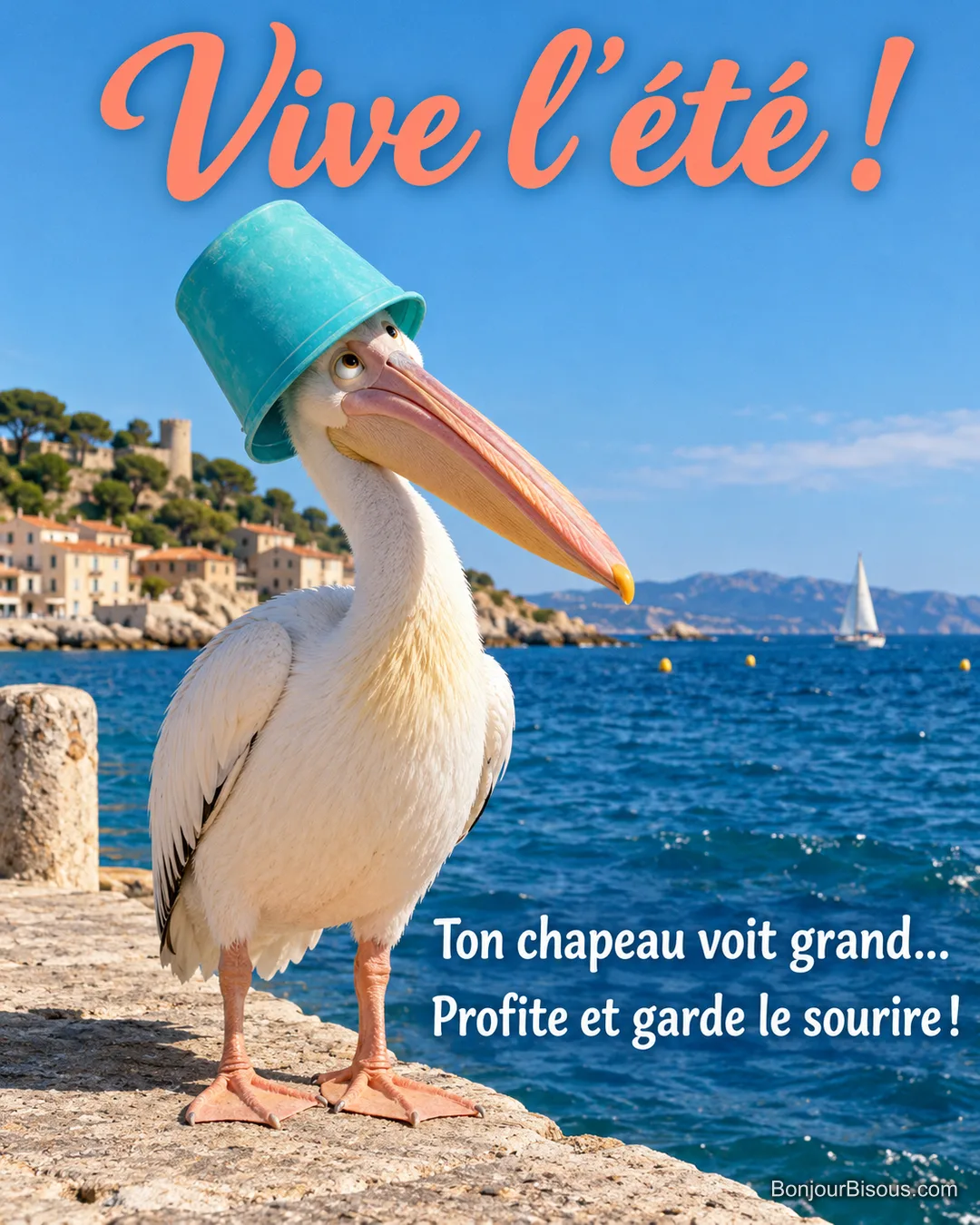 Un pélican blanc regarde le seau turquoise posé de travers sur sa tête au soleil d’été, avec le texte « Vive l’été ! Ton chapeau voit grand… Profite et garde le sourire ! ». Un pélican blanc regarde le seau turquoise posé de travers sur sa tête au soleil d’été, avec le texte « Vive l’été ! Ton chapeau voit grand… Profite et garde le sourire ! ».