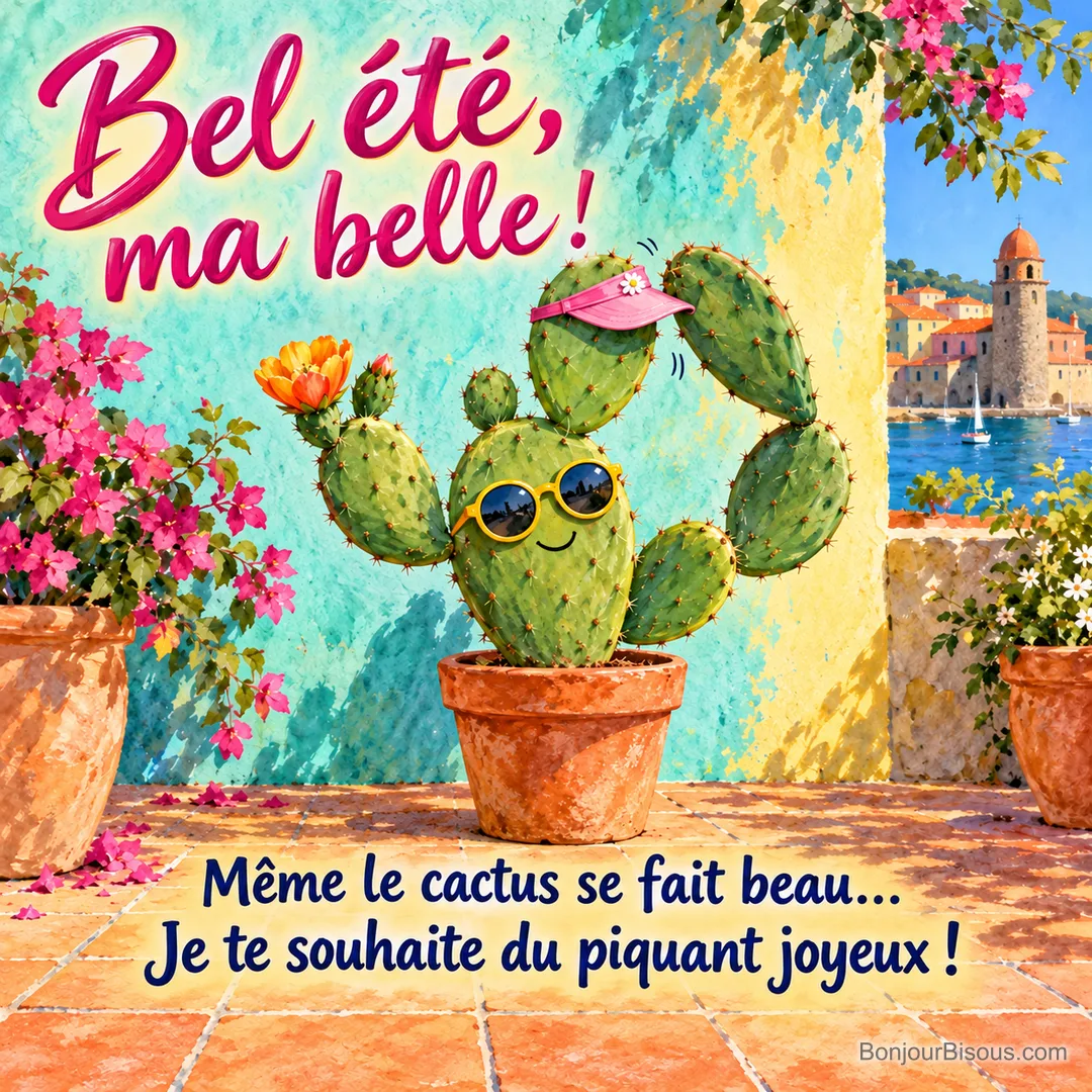 Un cactus souriant tente de redresser sa minuscule visière rose dans une cour ensoleillée, avec le texte « Bel été, ma belle ! Même le cactus se fait beau… Je te souhaite du piquant joyeux ! ». Un cactus souriant tente de redresser sa minuscule visière rose dans une cour ensoleillée, avec le texte « Bel été, ma belle ! Même le cactus se fait beau… Je te souhaite du piquant joyeux ! ».