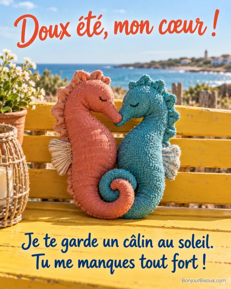 Deux coussins hippocampes corail et turquoise entrelacent leurs queues pour un câlin d’été, avec le texte « Doux été, mon cœur ! Je te garde un câlin au soleil. Tu me manques tout fort ! ».