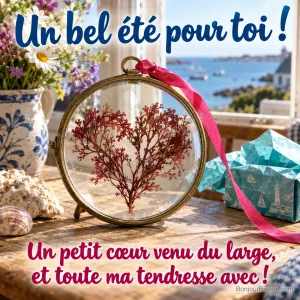 Un cœur composé d’algues rouges pressées sous verre attend dans son emballage cadeau ouvert, avec le texte « Un bel été pour toi ! Un petit cœur venu du large, et toute ma tendresse avec ! ».