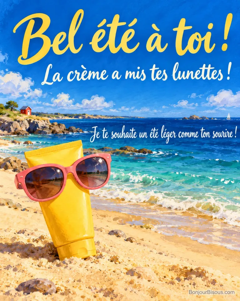 Un tube de crème solaire porte de grandes lunettes roses sur le sable d’une plage, avec le message « Bel été à toi ! La crème a mis tes lunettes ! Je te souhaite un été léger comme ton sourire ! ».