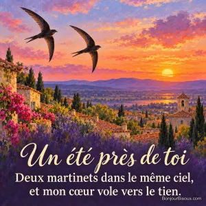 Deux martinets noirs volent côte à côte au-dessus des toits d’un village au soleil couchant, avec le message « Un été près de toi Deux martinets dans le même ciel, et mon cœur vole vers le tien. ».