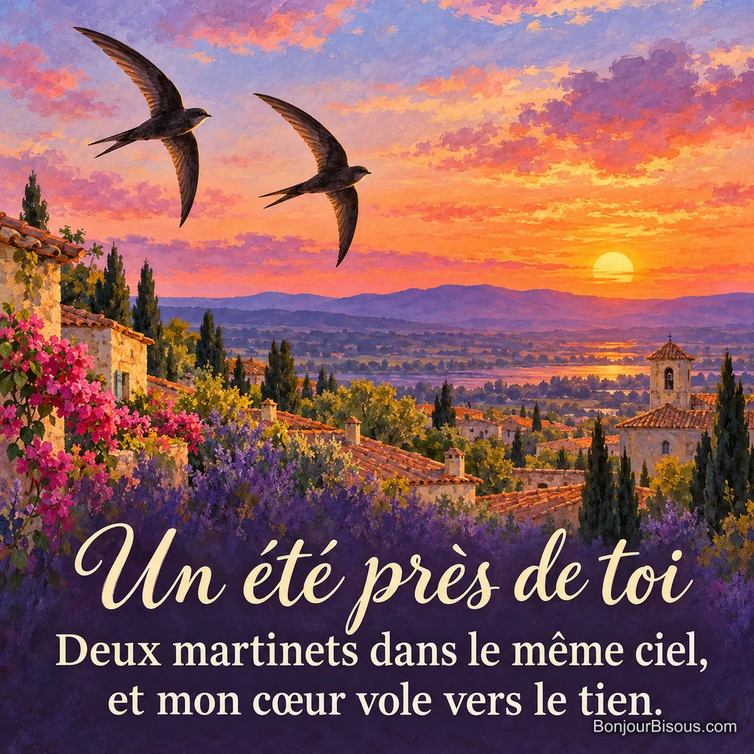 Deux martinets noirs volent côte à côte au-dessus des toits d’un village au soleil couchant, avec le message « Un été près de toi Deux martinets dans le même ciel, et mon cœur vole vers le tien. ».