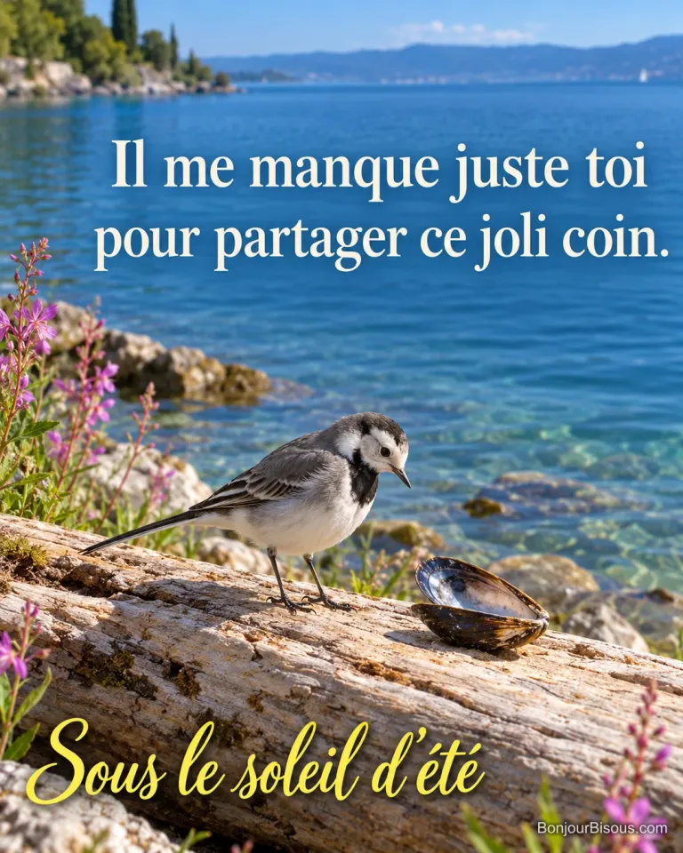 Une jeune bergeronnette se pose près d’un coquillage vide sur du bois flotté au bord de l’eau, avec le message « Sous le soleil d’été Il me manque juste toi pour partager ce joli coin. ».
