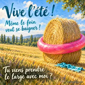 Une botte de foin cylindrique porte une bouée rose au milieu d’un champ fauché, près d’une serviette turquoise, avec le message « Vive l’été ! Même le foin veut se baigner ! Tu viens prendre le large avec moi ? ».