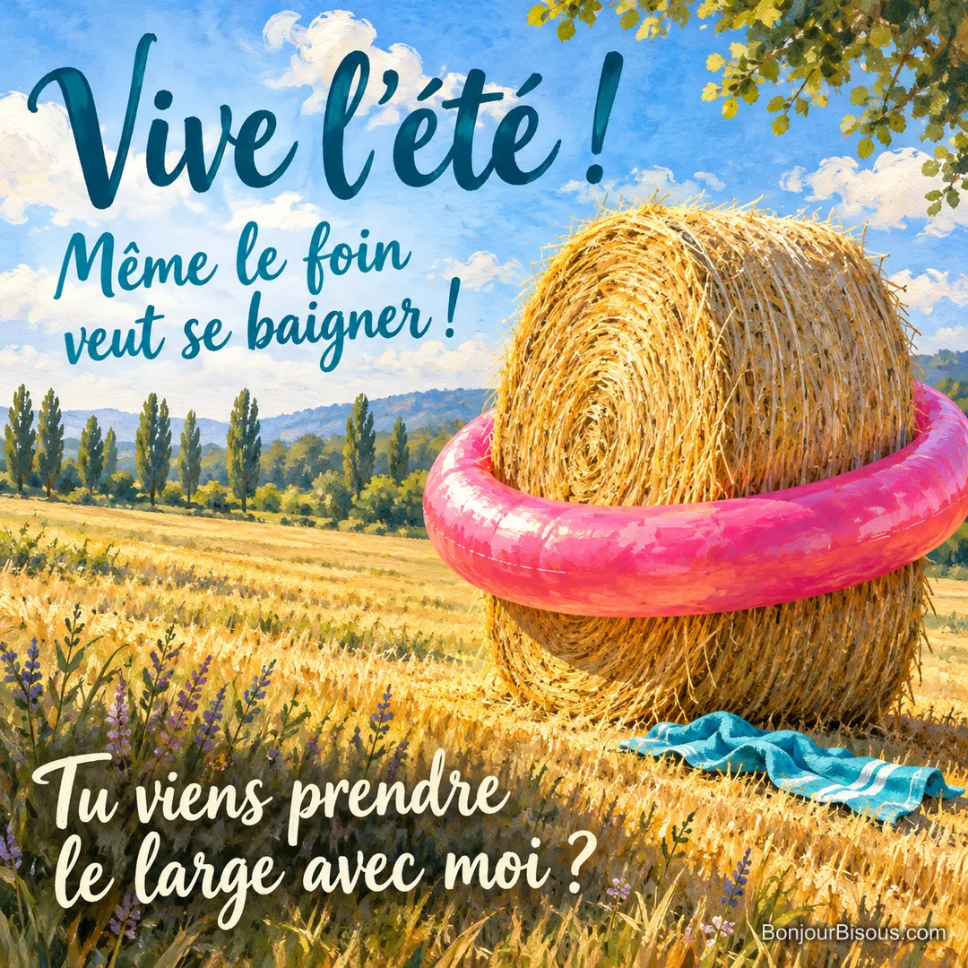 Une botte de foin cylindrique porte une bouée rose au milieu d’un champ fauché, près d’une serviette turquoise, avec le message « Vive l’été ! Même le foin veut se baigner ! Tu viens prendre le large avec moi ? ».