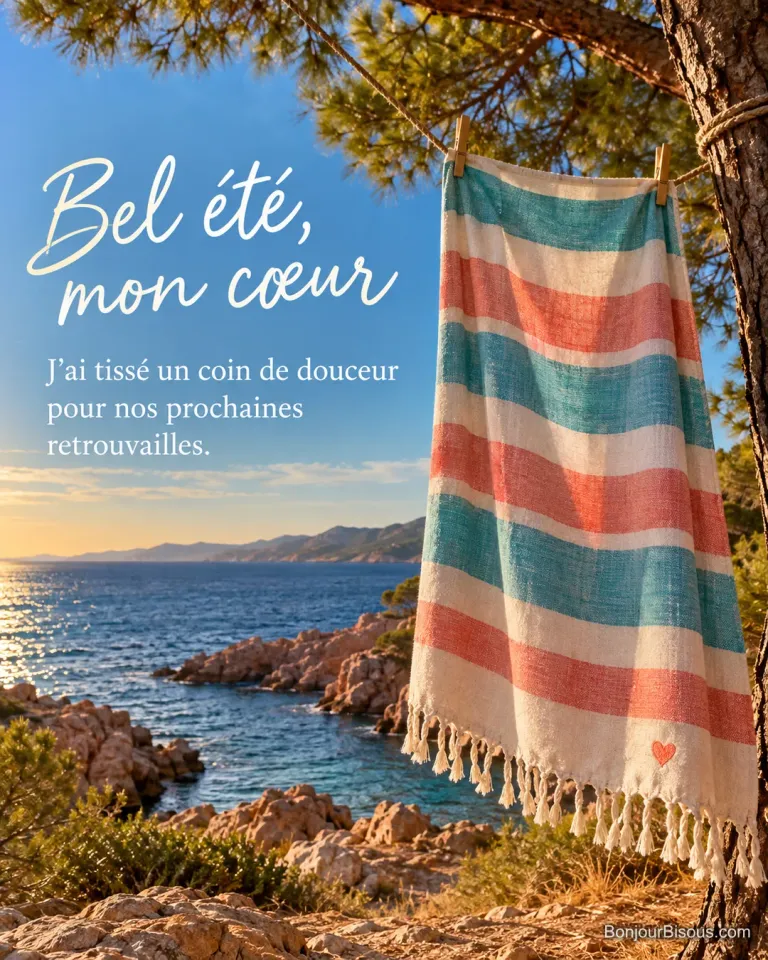 Une fouta turquoise et corail à franges et petit cœur brodé sèche entre deux pins au bord de la mer, avec le message « Bel été, mon cœur J’ai tissé un coin de douceur pour nos prochaines retrouvailles. ».