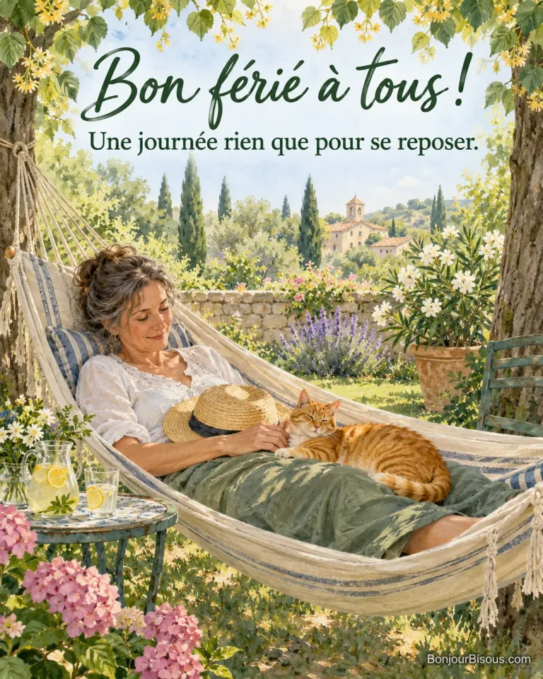 Peinture d’une femme dans un hamac au jardin, un chapeau de paille sur le ventre et un chat roux endormi sur elle, citronnade sur une petite table, avec le texte « Bon férié à tous ! Une journée rien que pour se reposer. »