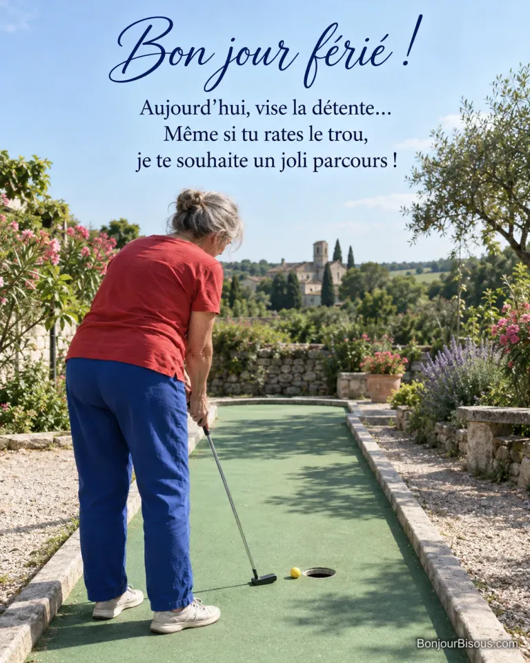 Une femme observe sa balle arrêtée au bord d’un trou de minigolf en Charente, avec le texte « Bon jour férié ! Aujourd’hui, vise la détente… Même si tu rates le trou, je te souhaite un joli parcours ! ».