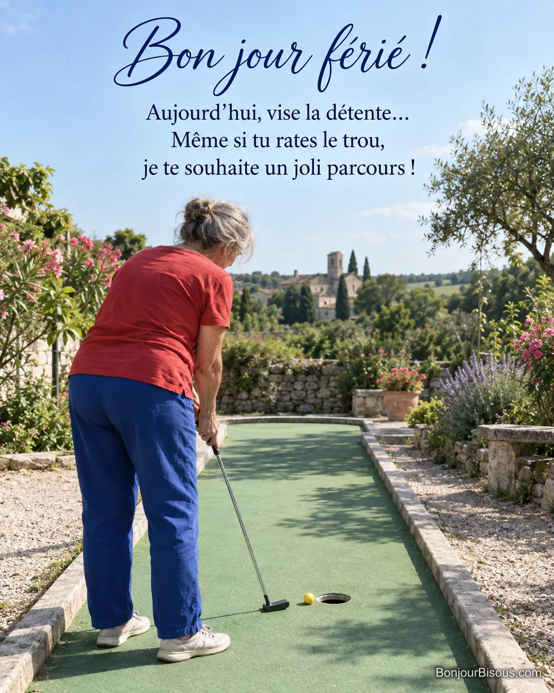 Une femme observe sa balle arrêtée au bord d’un trou de minigolf en Charente, avec le texte « Bon jour férié ! Aujourd’hui, vise la détente… Même si tu rates le trou, je te souhaite un joli parcours ! ». Une femme observe sa balle arrêtée au bord d’un trou de minigolf en Charente, avec le texte « Bon jour férié ! Aujourd’hui, vise la détente… Même si tu rates le trou, je te souhaite un joli parcours ! ».