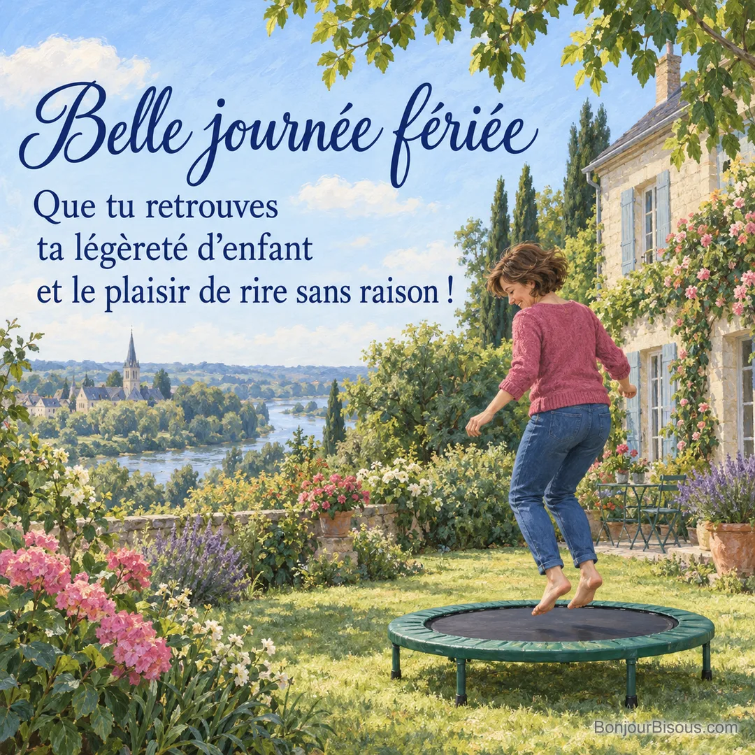 Une femme retrouve le plaisir de rebondir sur un trampoline dans un jardin de Touraine, avec le texte « Belle journée fériée Que tu retrouves ta légèreté d’enfant et le plaisir de rire sans raison ! ». Une femme retrouve le plaisir de rebondir sur un trampoline dans un jardin de Touraine, avec le texte « Belle journée fériée Que tu retrouves ta légèreté d’enfant et le plaisir de rire sans raison ! ».