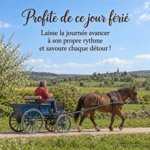 Un conducteur guide une calèche bleue tirée par un cheval sur un chemin de Bourgogne, avec le texte « Profite de ce jour férié Laisse la journée avancer à son propre rythme et savoure chaque détour ! ».